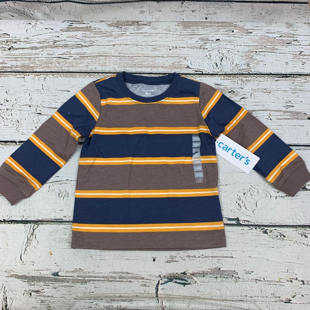 Carter's Striped Long‎ Sleeve T-Shirt Navy Brown Yellow Boys Cotton [Size 18M]